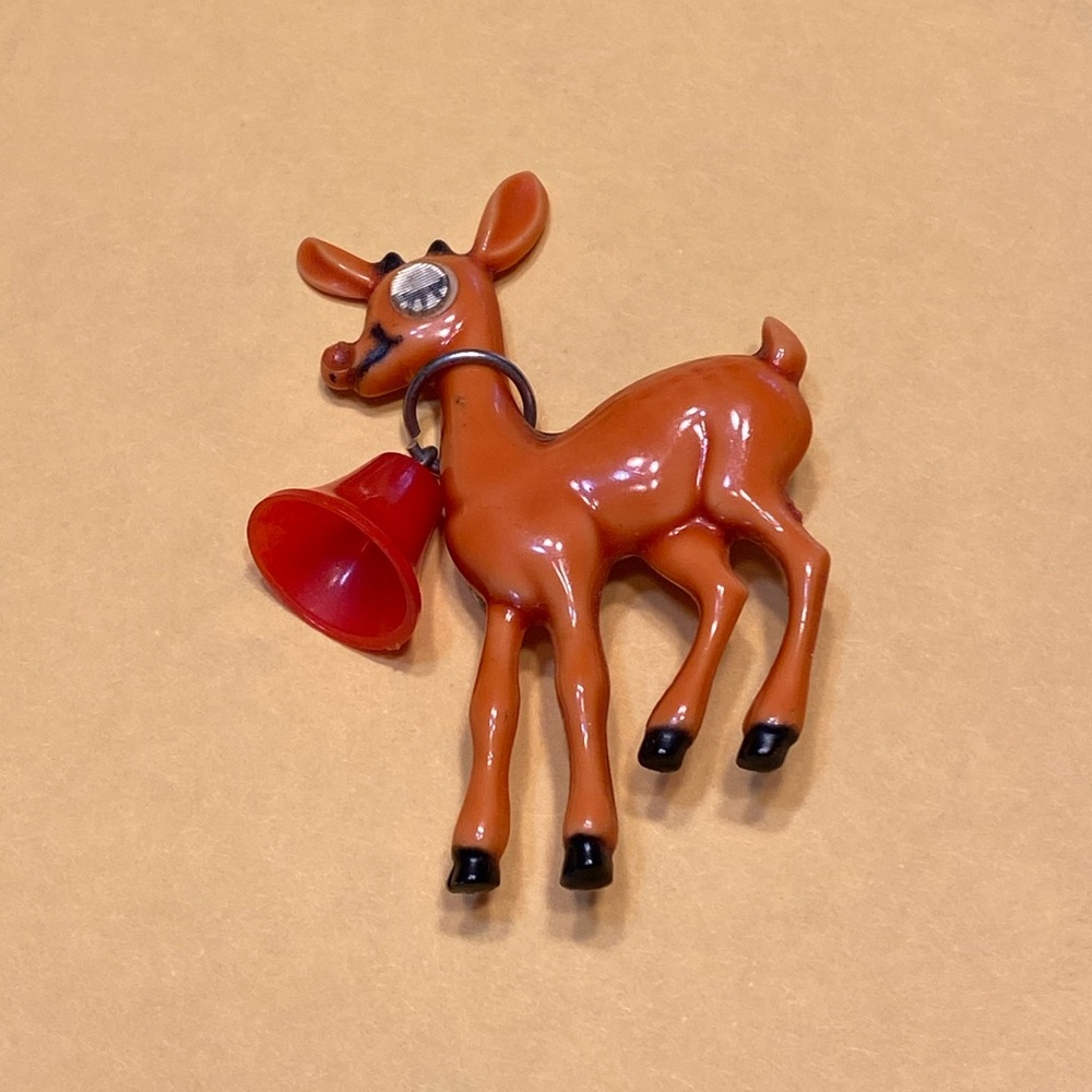 VTG Lenticular Winking Eye Rudolph Reindeer Brooch Early Plastic Celluloid Pin